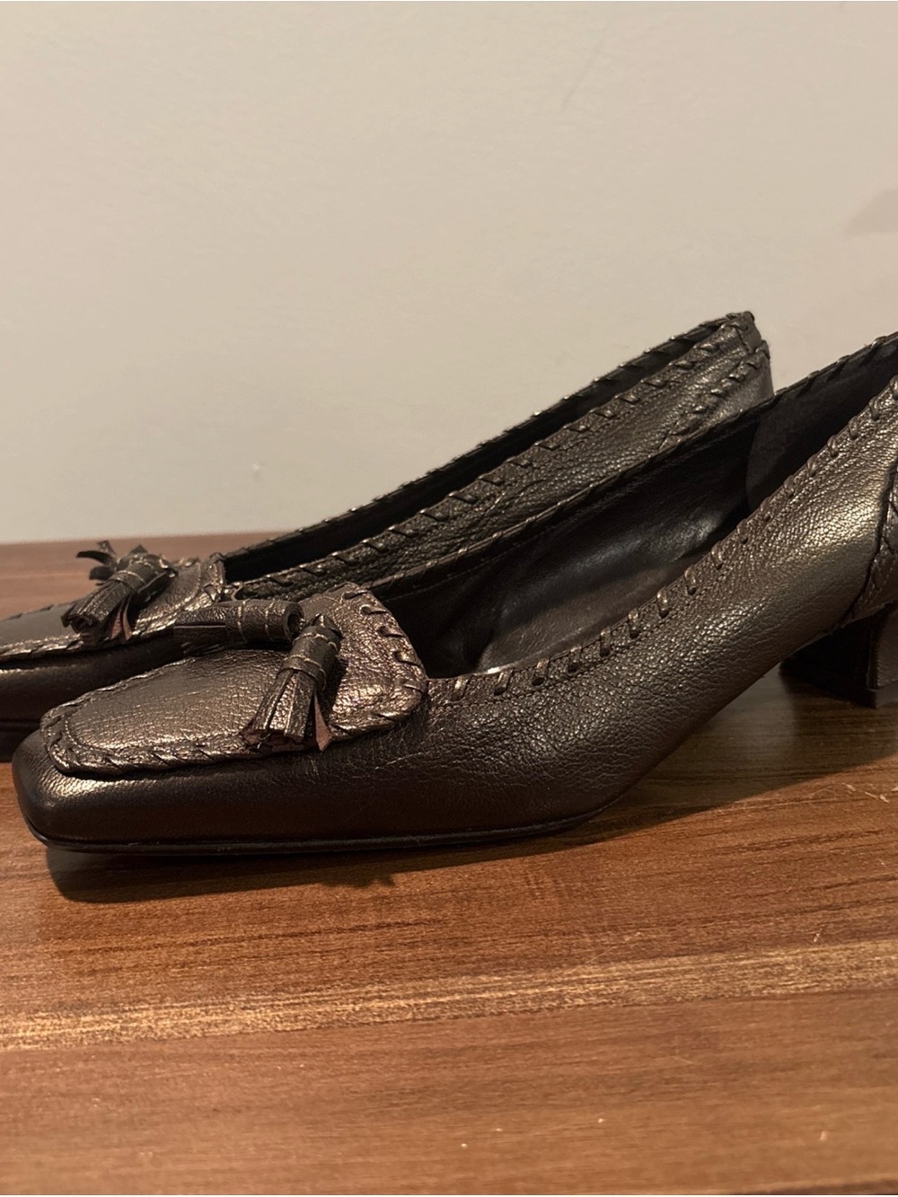 Stuart Weitzman Metallic Brown Tassel Loafer Pump